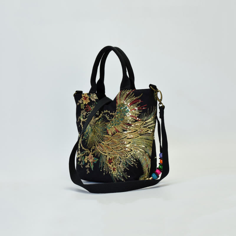 Sac fourre-tout brodé paon | Sac bandoulière en toile