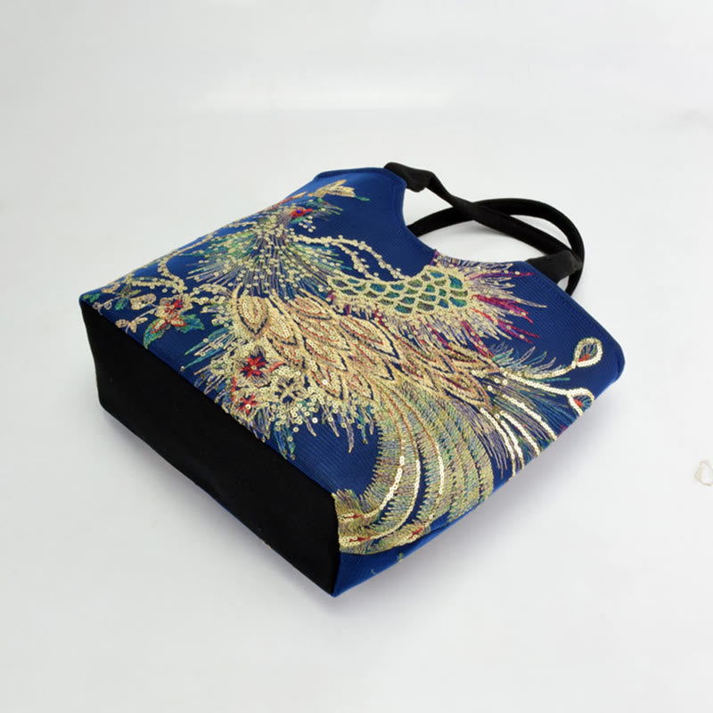 Sac fourre-tout brodé paon | Sac bandoulière en toile