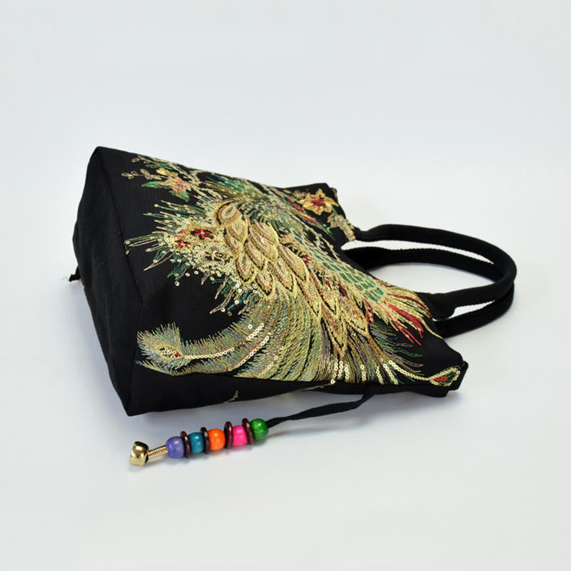 Sac fourre-tout brodé paon | Sac bandoulière en toile