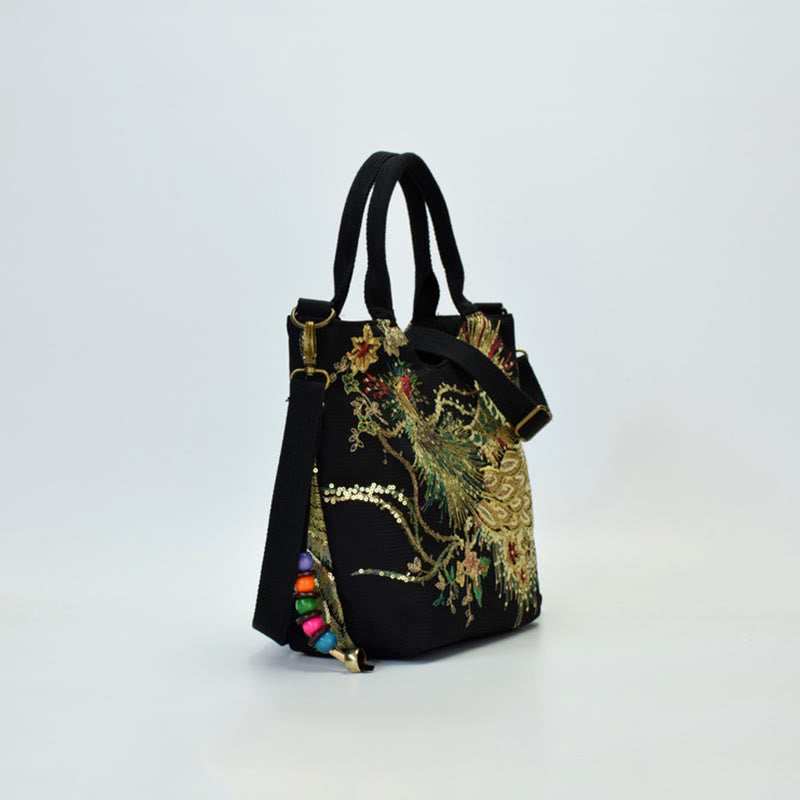 Sac fourre-tout brodé paon | Sac bandoulière en toile