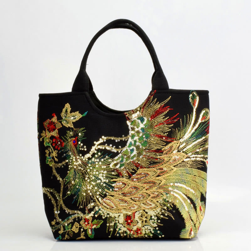 Sac fourre-tout brodé paon | Sac bandoulière en toile
