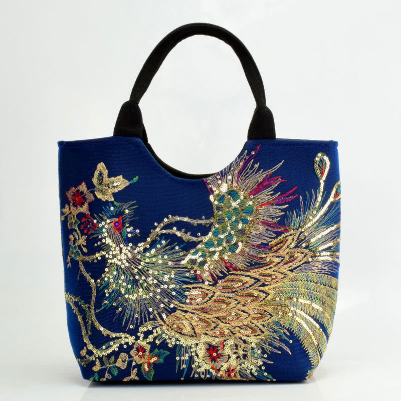 Sac fourre-tout brodé paon | Sac bandoulière en toile