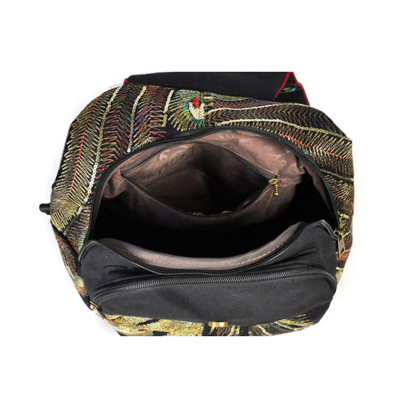 Sac à dos à pompons en toile brodée de paon pour un usage spirituel