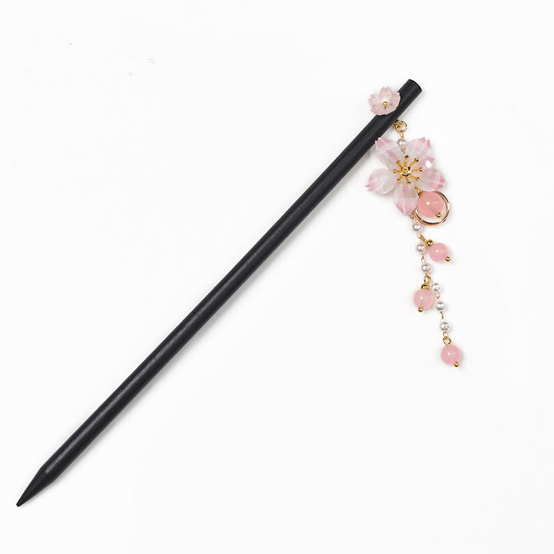 Épingle à cheveux chinoise en bois avec pompon en fleur de poirier