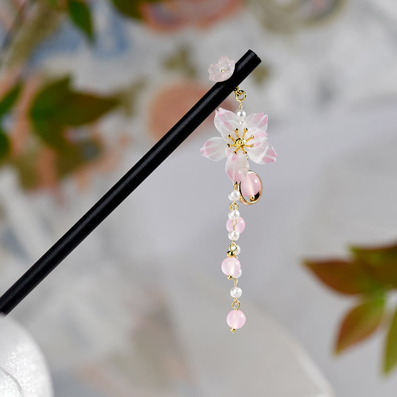 Épingle à cheveux chinoise en bois avec pompon en fleur de poirier
