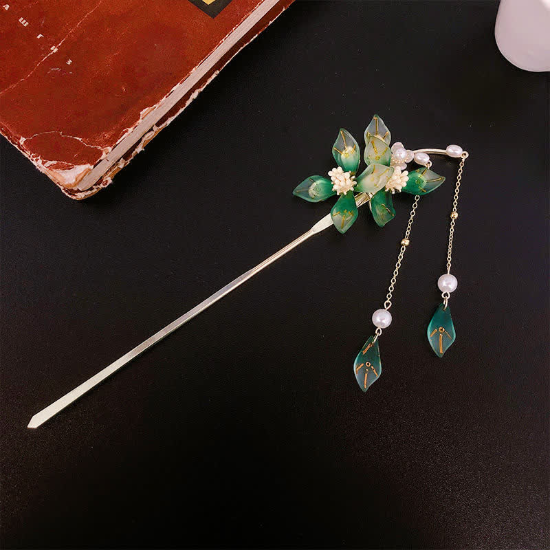 Épingle à cheveux à pompon en forme de fleur et de feuille de perle pour le calme et la richesse