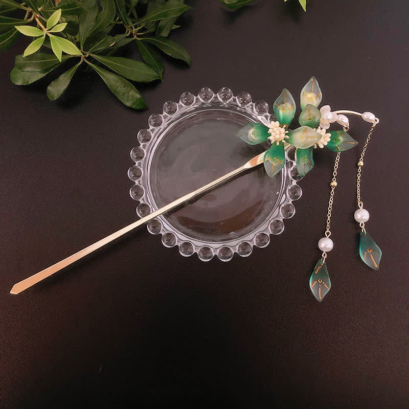 Épingle à cheveux à pompon en forme de fleur et de feuille de perle pour le calme et la richesse