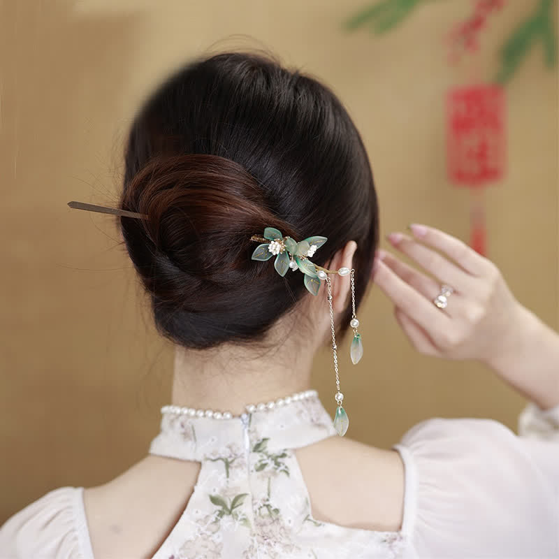 Épingle à cheveux à pompon en forme de fleur et de feuille de perle pour le calme et la richesse