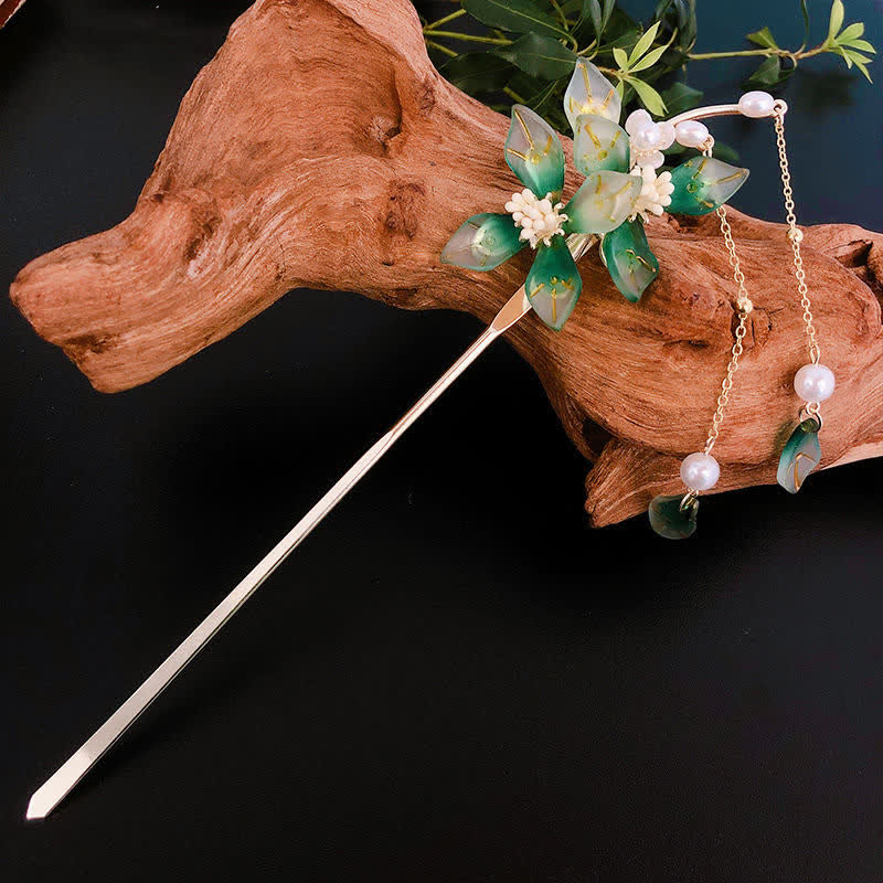 Épingle à cheveux à pompon en forme de fleur et de feuille de perle pour le calme et la richesse