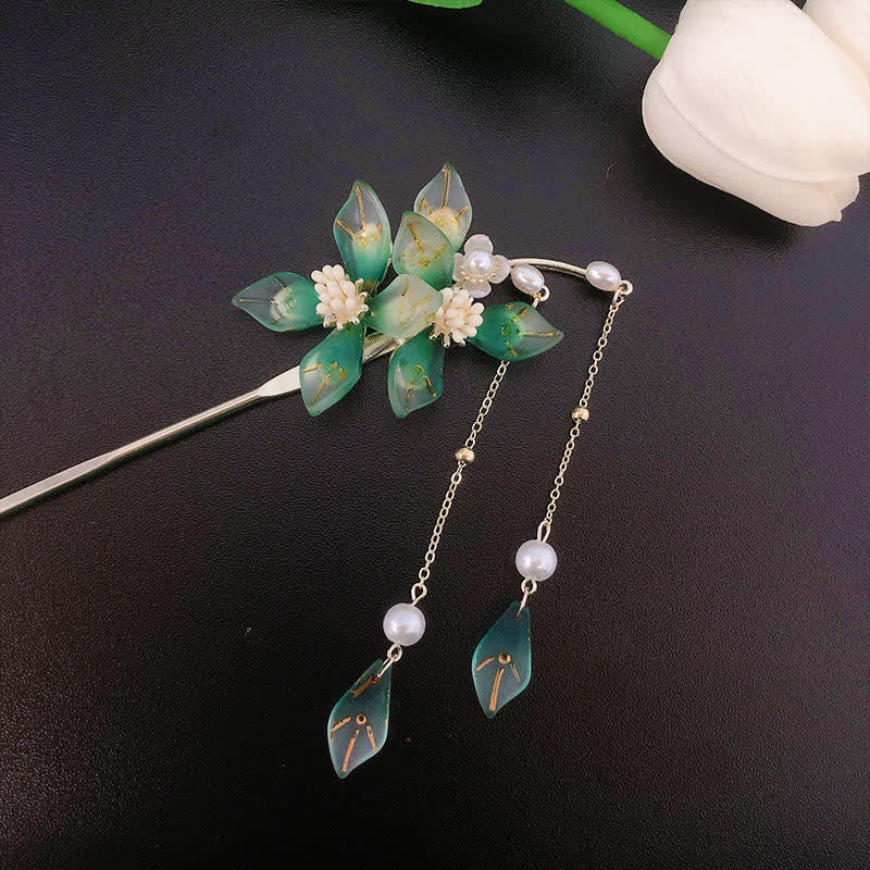Épingle à cheveux à pompon en forme de fleur et de feuille de perle pour le calme et la richesse
