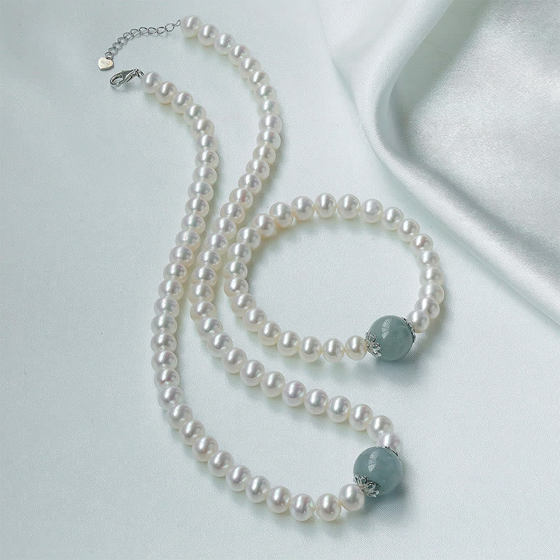 Collier et bracelet en perles de jade Hetian et aigue-marine 42 cm