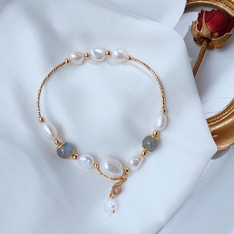 Bracelet Optimisme en Pierre de Lune Perlée avec Perles de Quartz Fraise