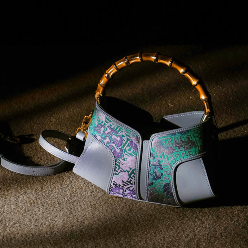 Sac bandoulière à poignée en bambou Peony en brocart de soie Song