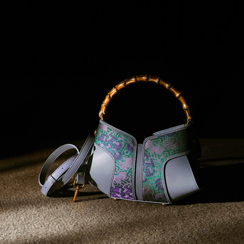 Sac bandoulière à poignée en bambou Peony en brocart de soie Song