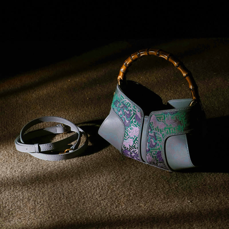 Sac bandoulière à poignée en bambou Peony en brocart de soie Song