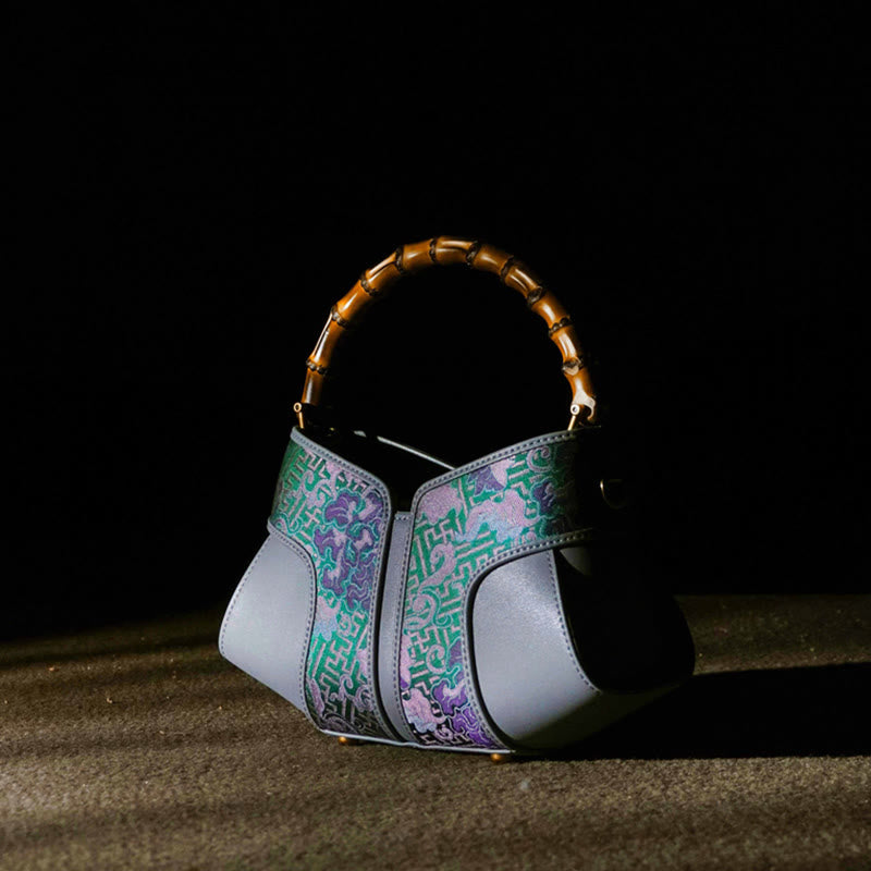 Sac bandoulière à poignée en bambou Peony en brocart de soie Song