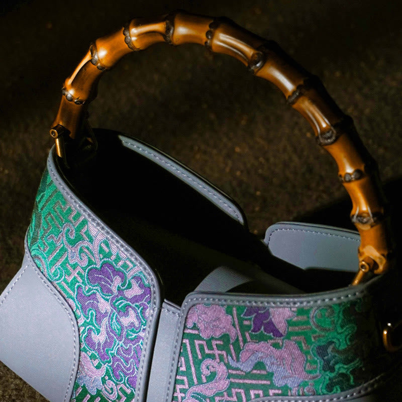 Sac bandoulière à poignée en bambou Peony en brocart de soie Song