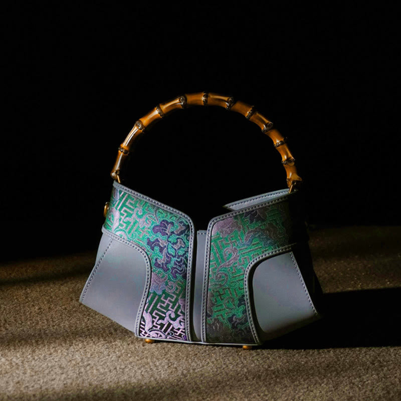 Sac bandoulière à poignée en bambou Peony en brocart de soie Song