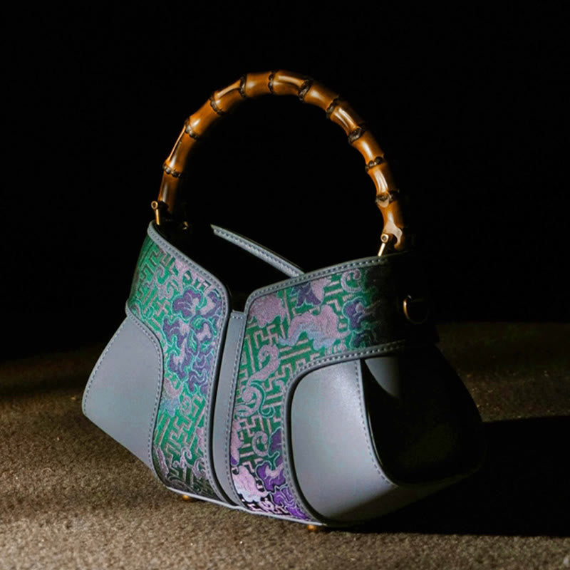 Sac bandoulière à poignée en bambou Peony en brocart de soie Song