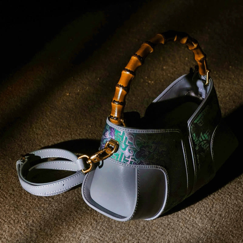 Sac bandoulière à poignée en bambou Peony en brocart de soie Song