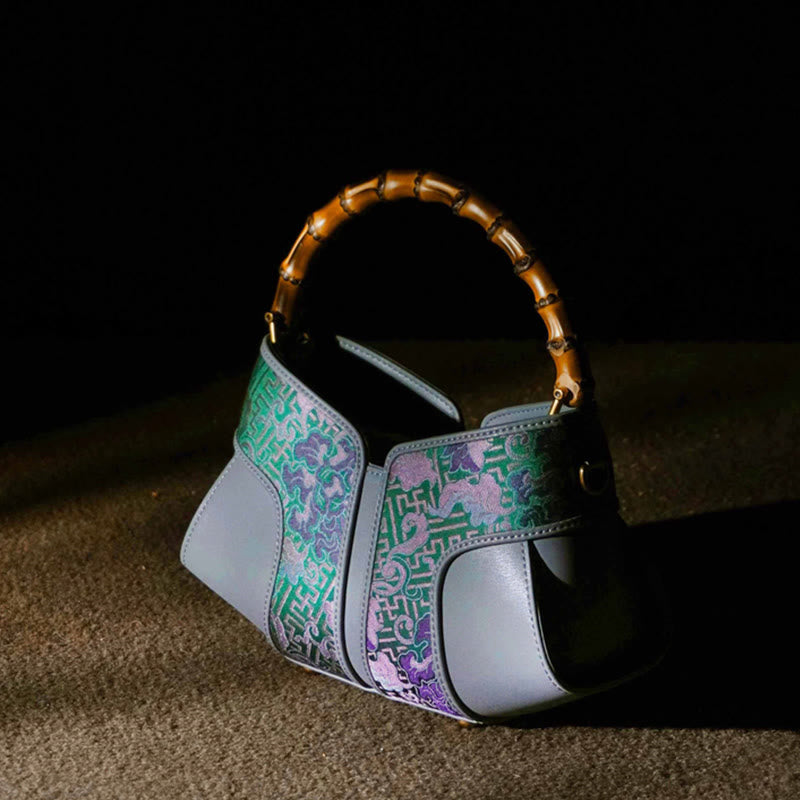 Sac bandoulière à poignée en bambou Peony en brocart de soie Song