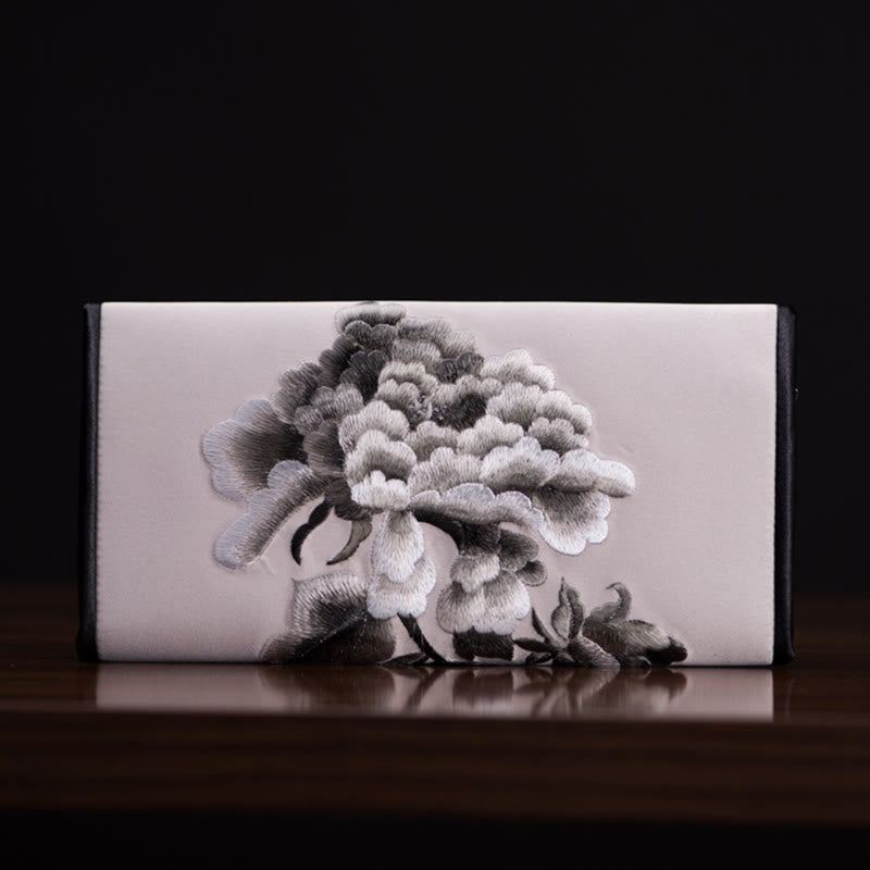 Sac à main long brodé de pivoines 20 x 10 cm