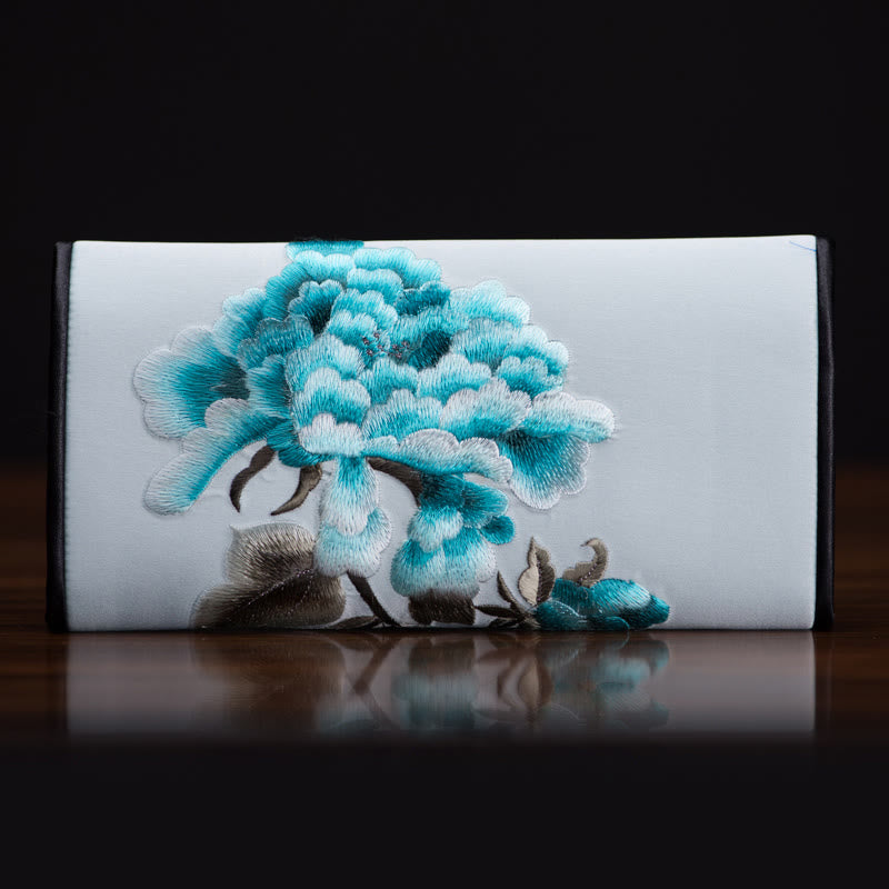 Sac à main long brodé de pivoines 20 x 10 cm