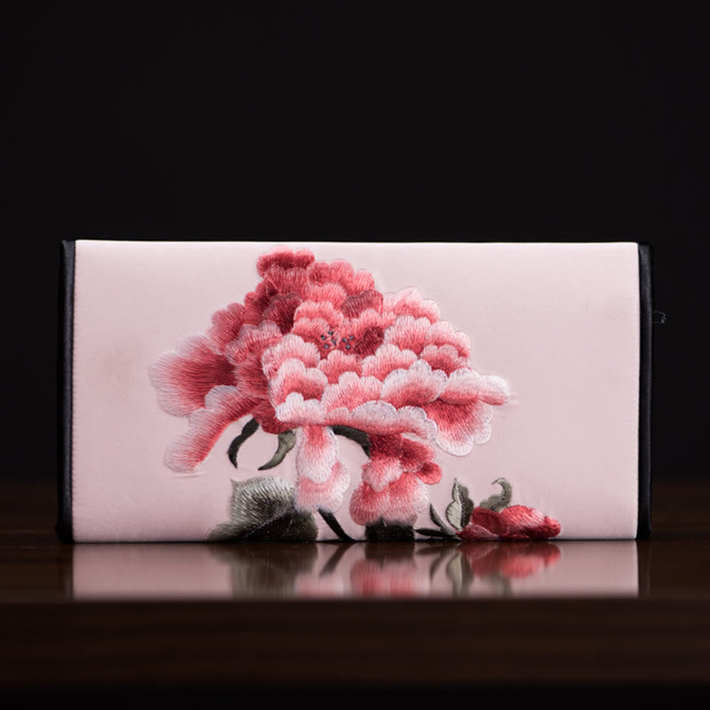 Sac à main long brodé de pivoines 20 x 10 cm