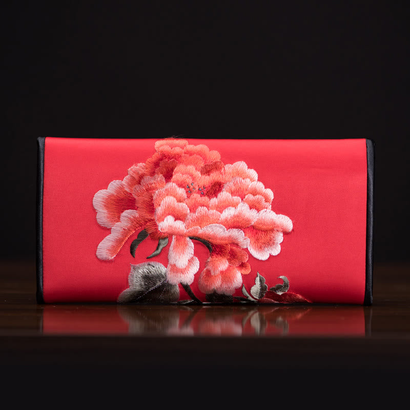 Sac à main long brodé de pivoines 20 x 10 cm