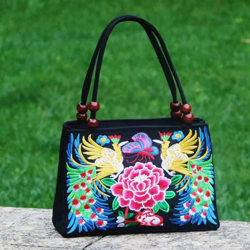 Sac de yoga en toile à motif de paon et de pivoine avec broderie recto verso