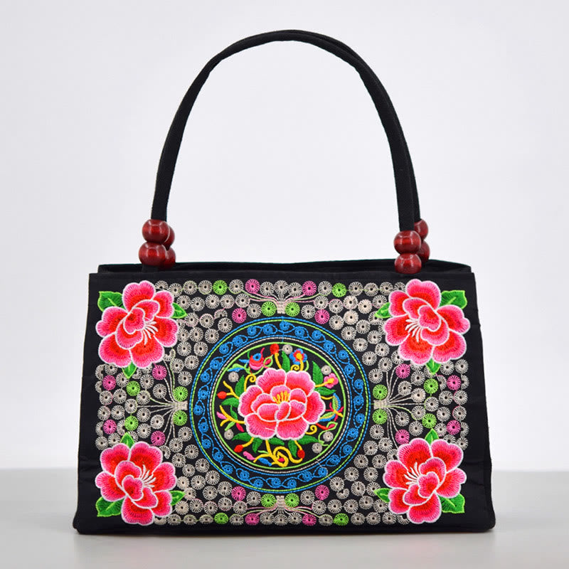 Sac de yoga en toile à motif de paon et de pivoine avec broderie recto verso