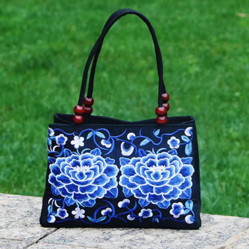 Sac de yoga en toile à motif de paon et de pivoine avec broderie recto verso