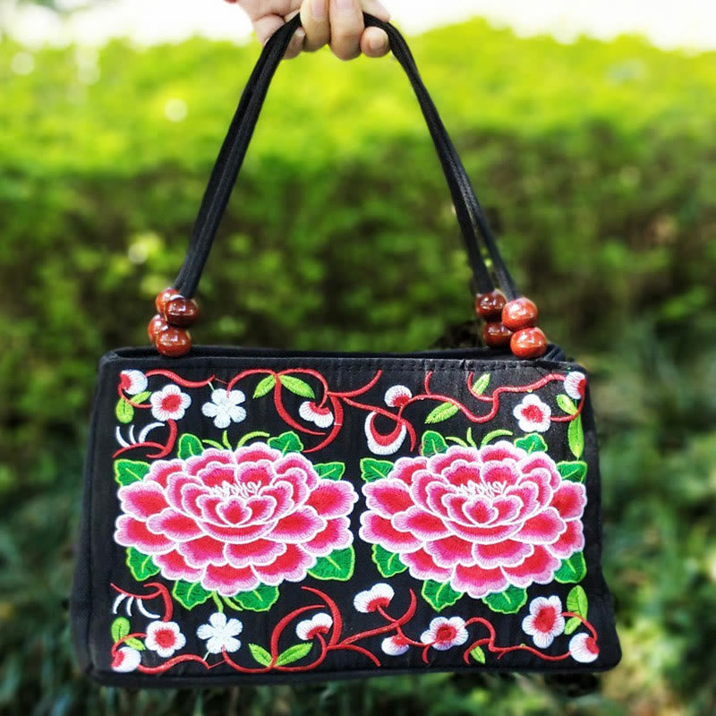 Sac de yoga en toile à motif de paon et de pivoine avec broderie recto verso