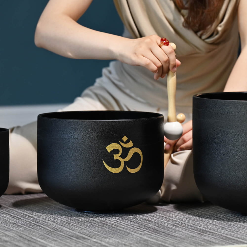 Perfect Pitch Black OM Symbol 7 PCS Crystal Singing Bowl Set s - On sale