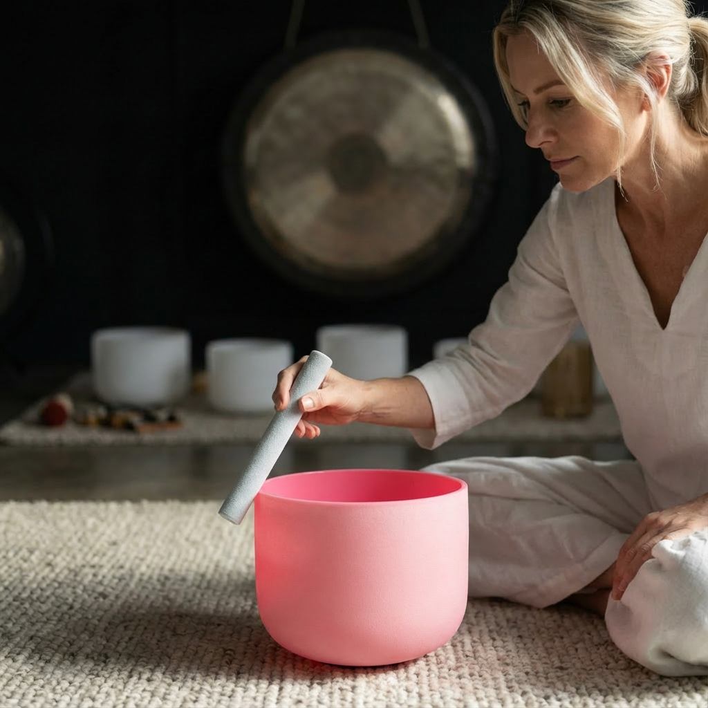 Bol chantant en cristal de chakra rose pour la pratique de la méditation