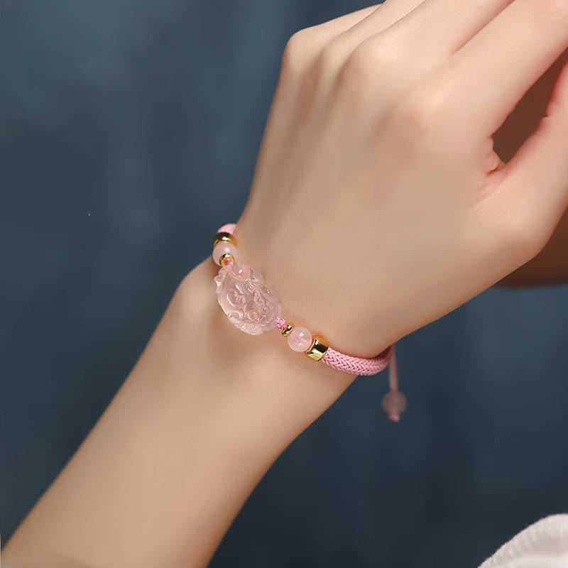 Bracelet de richesse PiXiu en cristal rose avec protection en fil rouge
