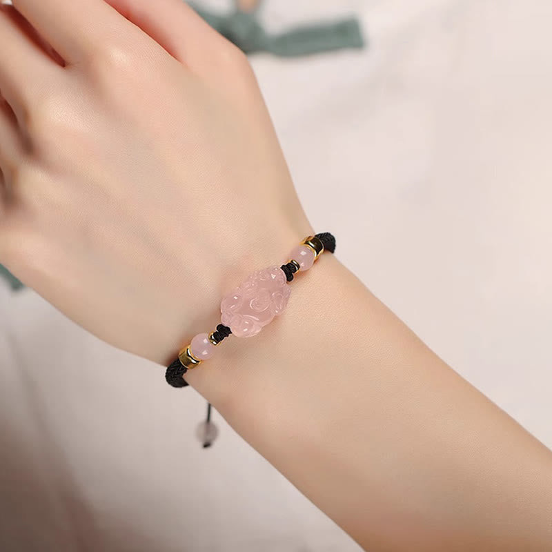Bracelet de richesse PiXiu en cristal rose avec protection en fil rouge