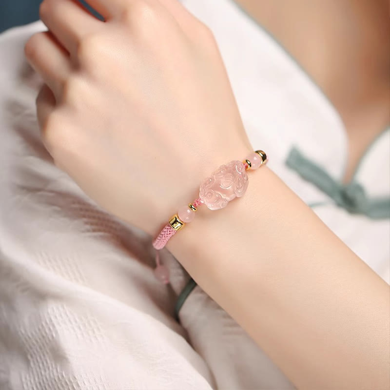 Bracelet de richesse PiXiu en cristal rose avec protection en fil rouge