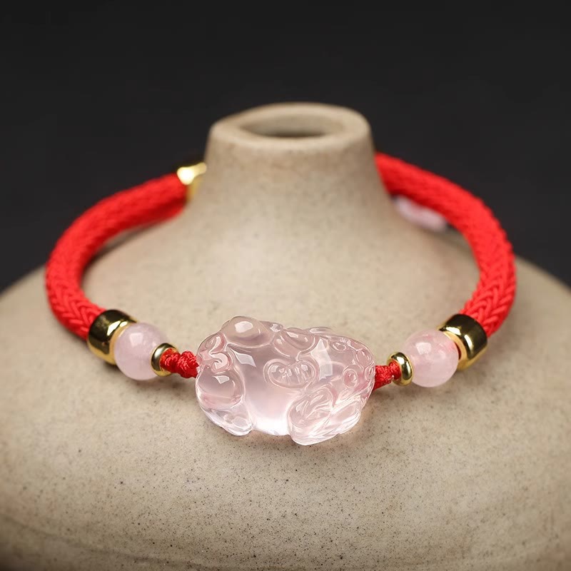 Bracelet de richesse PiXiu en cristal rose avec protection en fil rouge