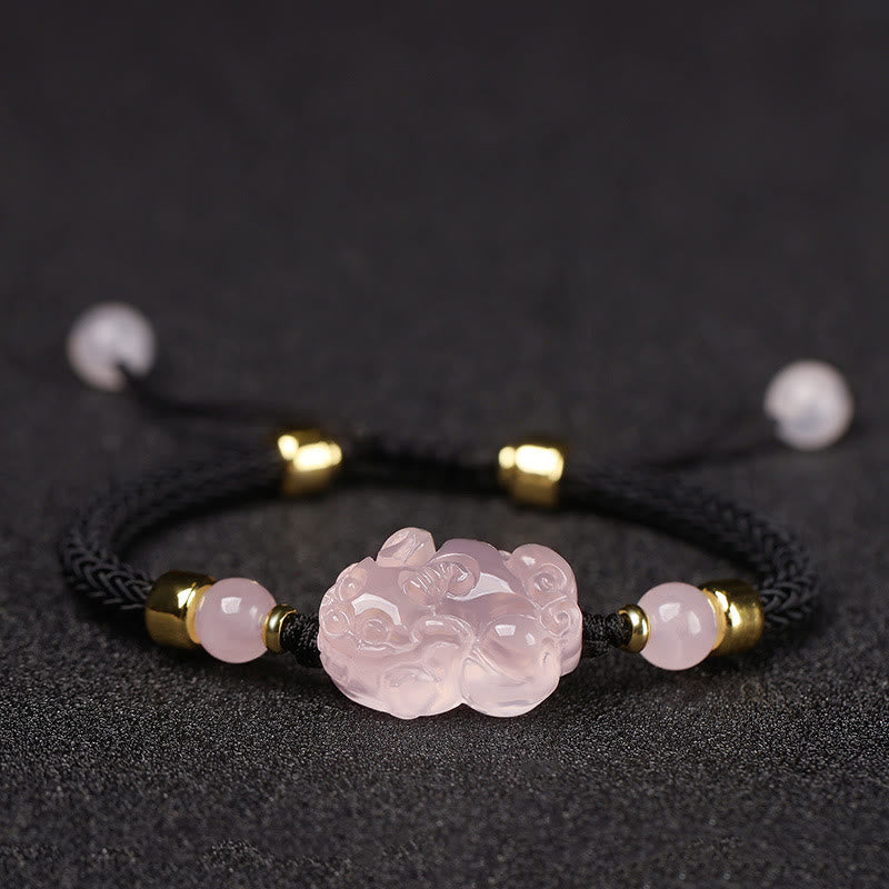 Bracelet de richesse PiXiu en cristal rose avec protection en fil rouge