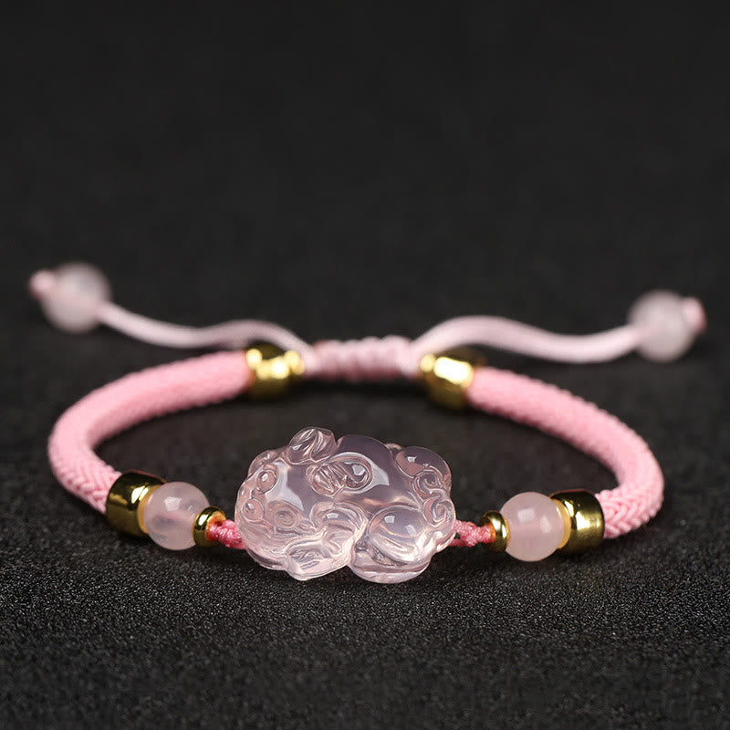Bracelet de richesse PiXiu en cristal rose avec protection en fil rouge