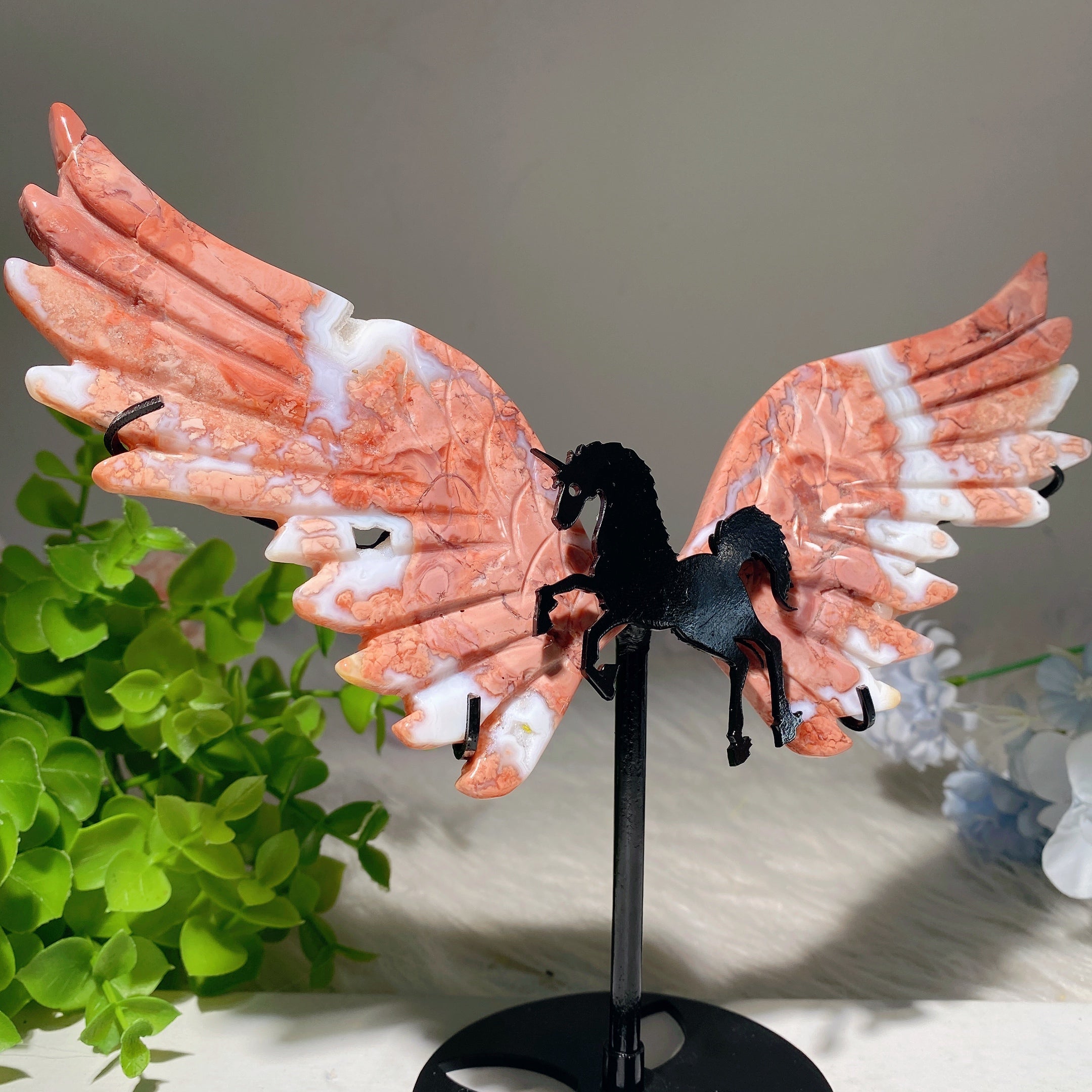 Pink Flower Agate Crystal Figurines with Stand - Unicorn & Butterfly Wings