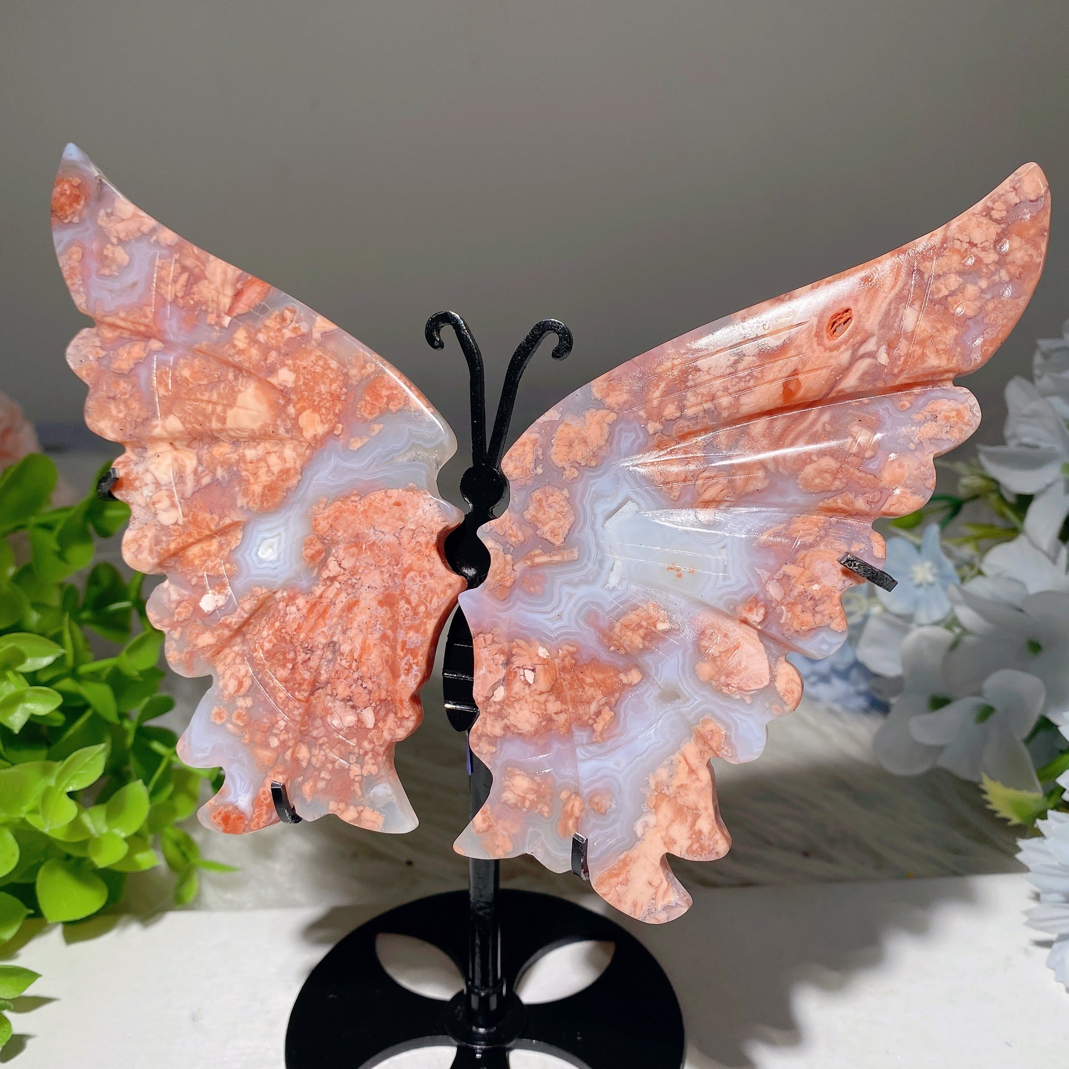 Pink Flower Agate Crystal Figurines with Stand - Unicorn & Butterfly Wings