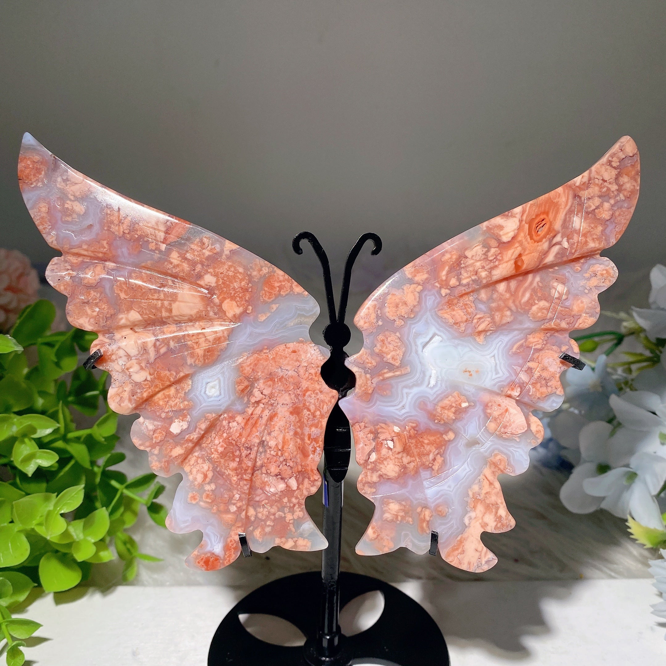 Pink Flower Agate Crystal Figurines with Stand - Unicorn & Butterfly Wings