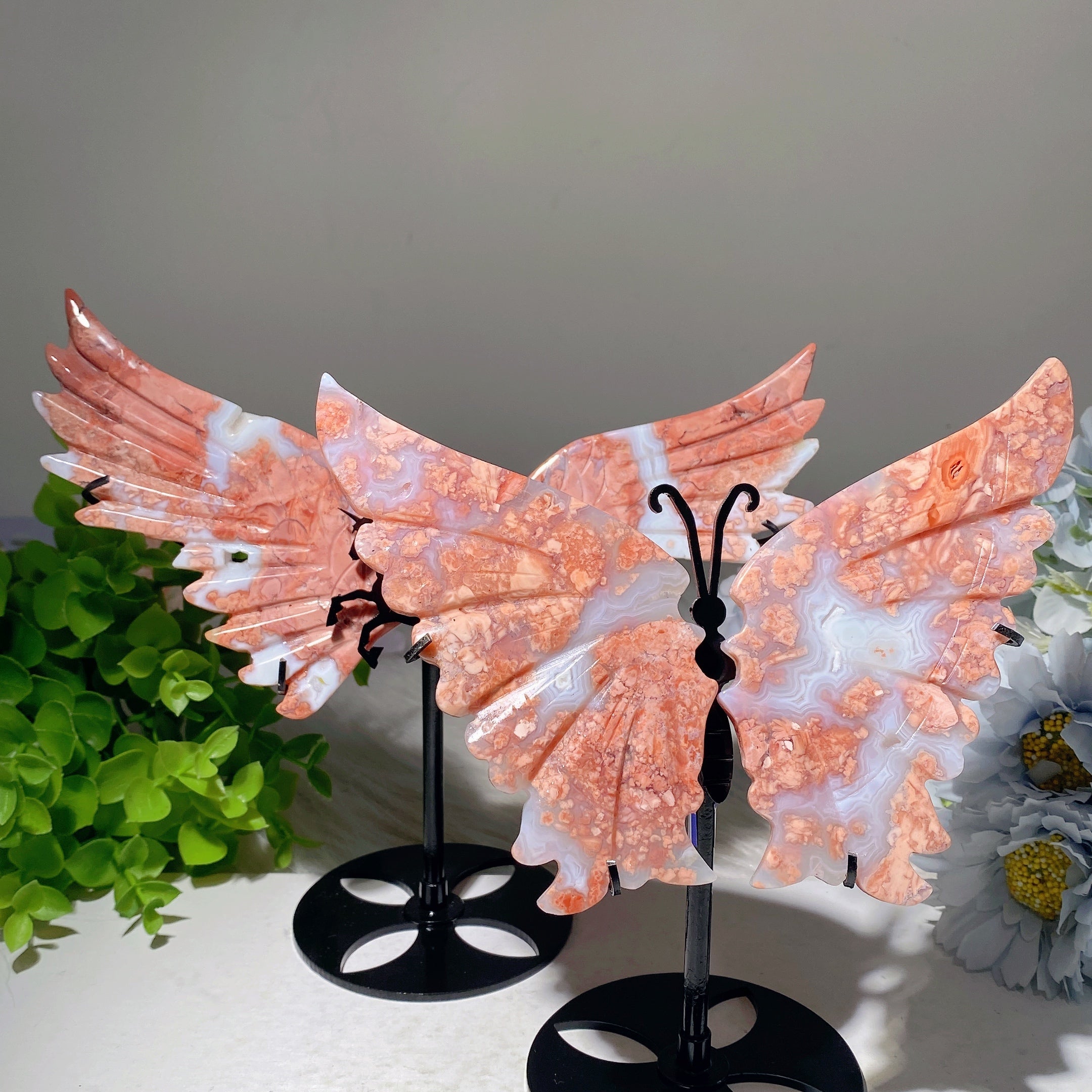 Pink Flower Agate Crystal Figurines with Stand - Unicorn & Butterfly Wings