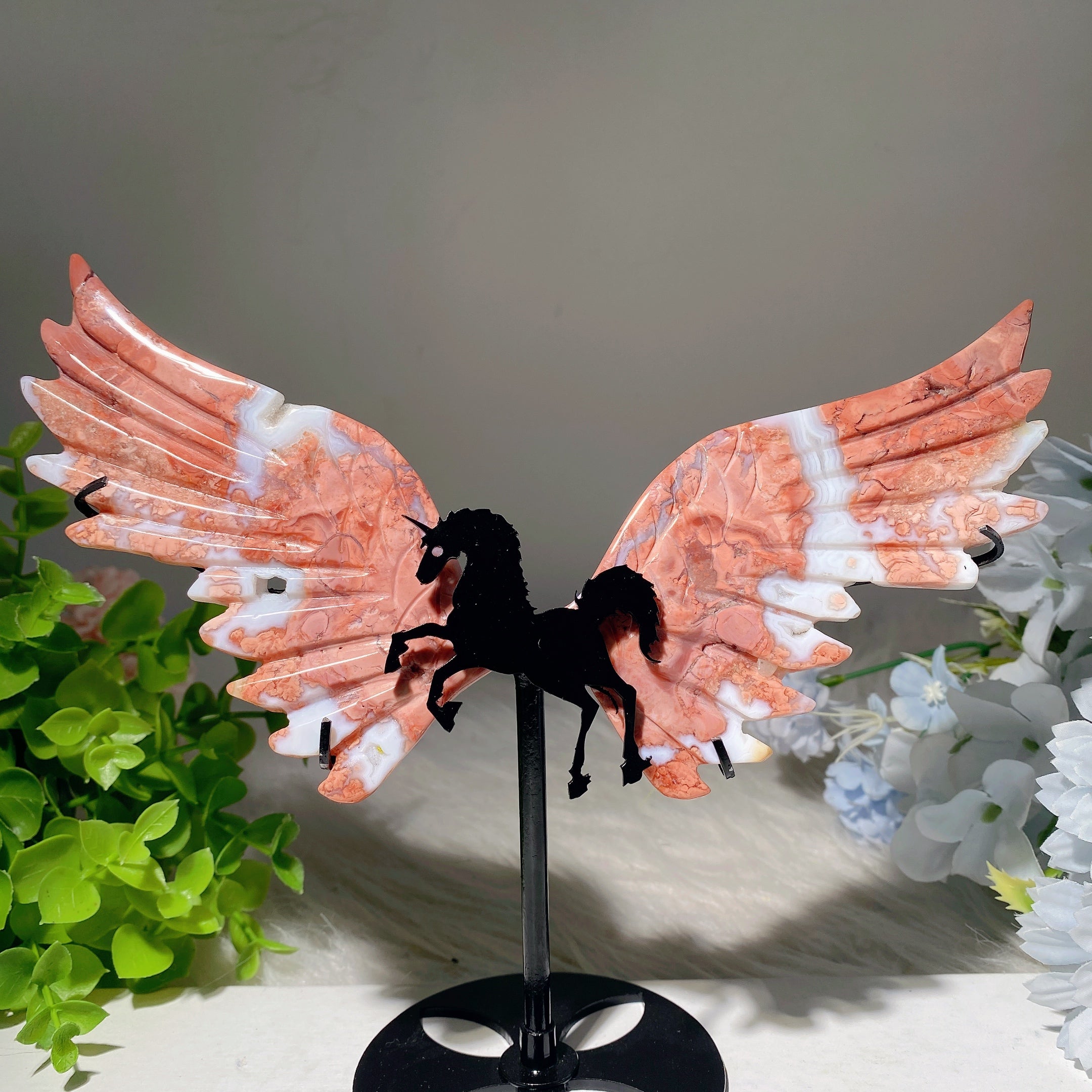 Pink Flower Agate Crystal Figurines with Stand - Unicorn & Butterfly Wings