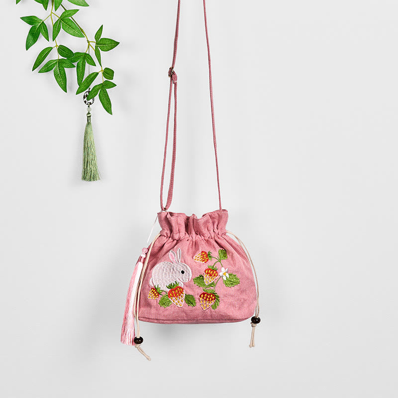 Sac de yoga en coton et lin rose fraise lapin avec bandoulière réglable