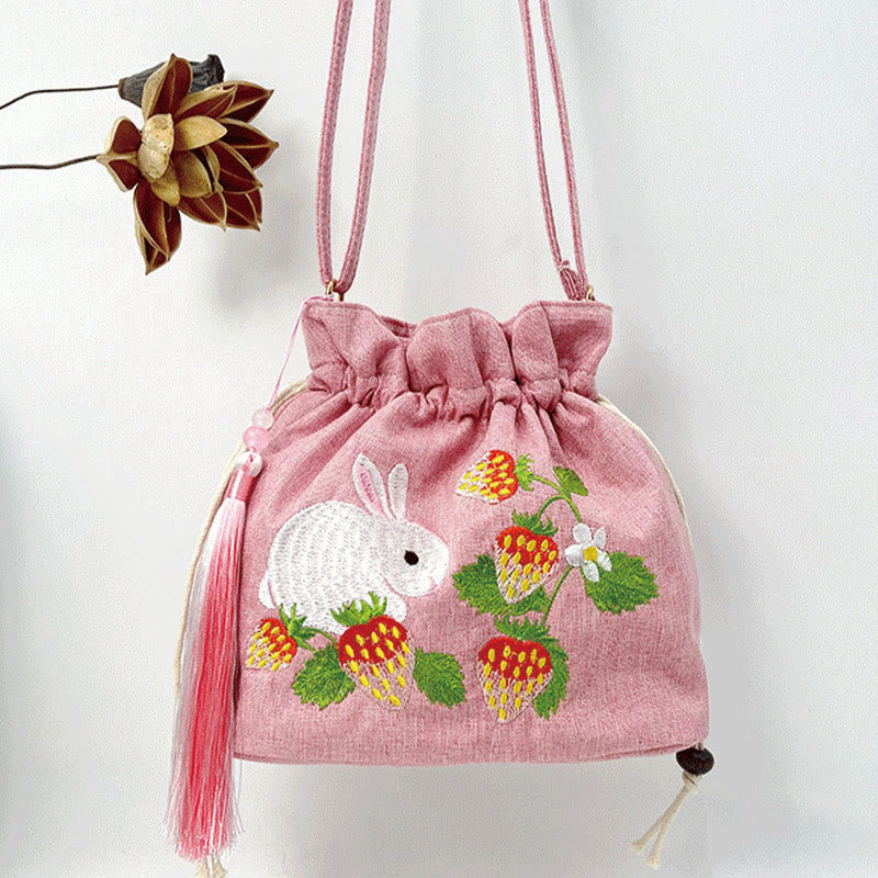 Sac de yoga en coton et lin rose fraise lapin avec bandoulière réglable