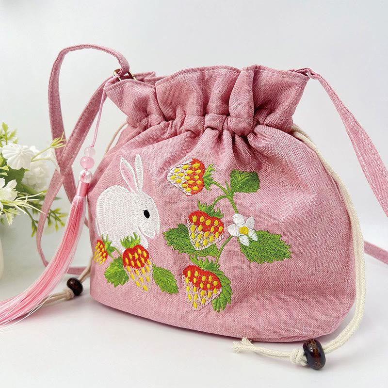 Sac de yoga en coton et lin rose fraise lapin avec bandoulière réglable