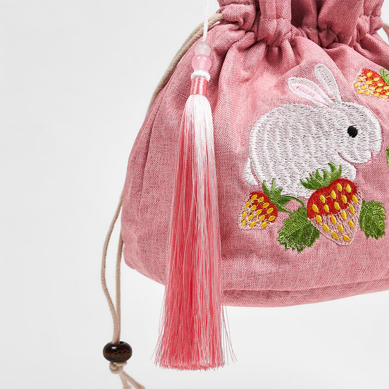 Sac de yoga en coton et lin rose fraise lapin avec bandoulière réglable